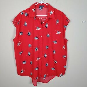 Madison curvy red cap sleeve button up floral top collar high low tunic 2X women